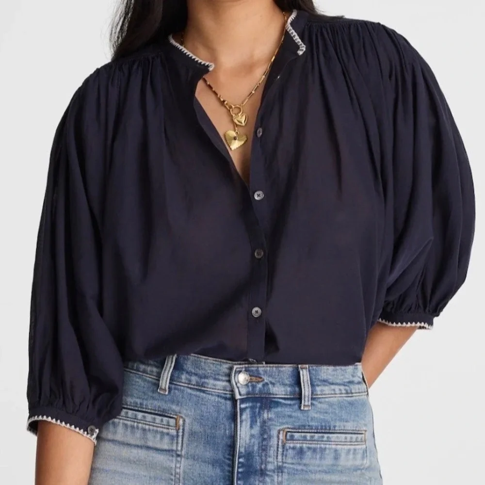 Madewell Lightspun Embroidered Button Front Top Navy Blue Gauze Blouse Womens S